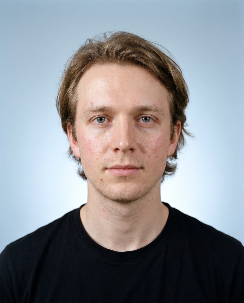 KI-Visualisierung, Ausgangsbild der Ebenen-Ansicht: Mann mit herausgewachsenem hellbraunem Haar, ungleichmäßigem Bartschatten und leichten Hautunreinheiten, frontal vor graublauem Hintergrund